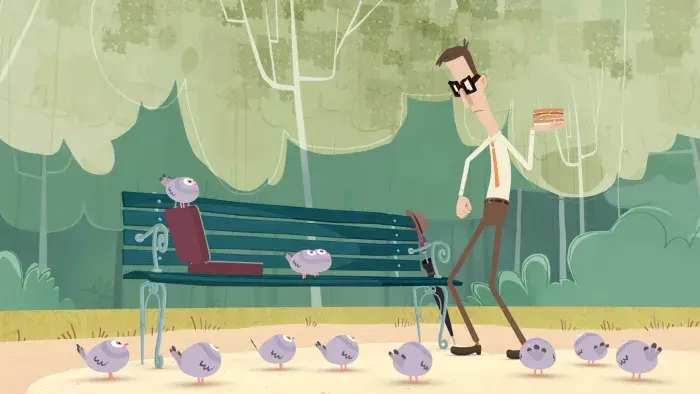 A still from the animated short film Bird Food showing a man standing beside a bench in a park holding his sandwich surrounded by pigeons