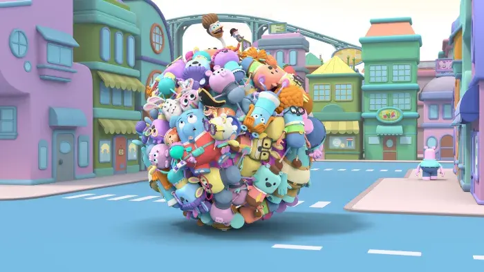 The characters of Blunderburg squished together in the shape of a giant ball