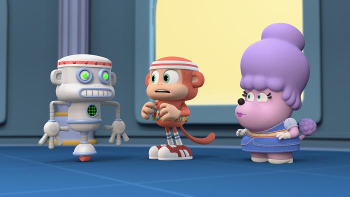 Chico Bon Bon looking at a robot version of himself