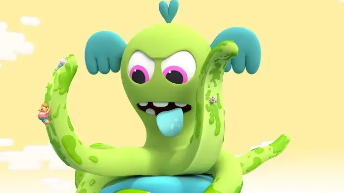 A green octopus with his tongue sticking out