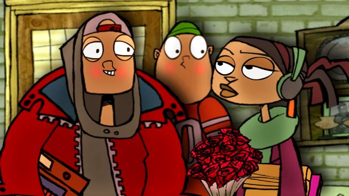 Tanya walking past a blushing Burno and Paulie.