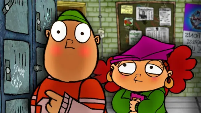 esree in a green top with curly hair standing beside Paulie at his locker in school.