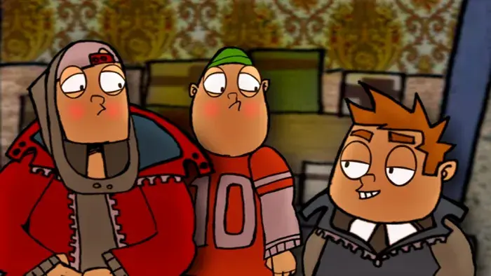 Burno and Paulie standing next to a smug looking Eugene.