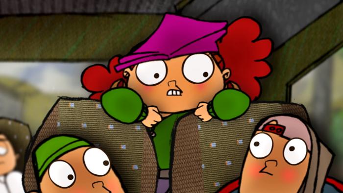 Desree looking over the bus chairs at Burno and Paulie.