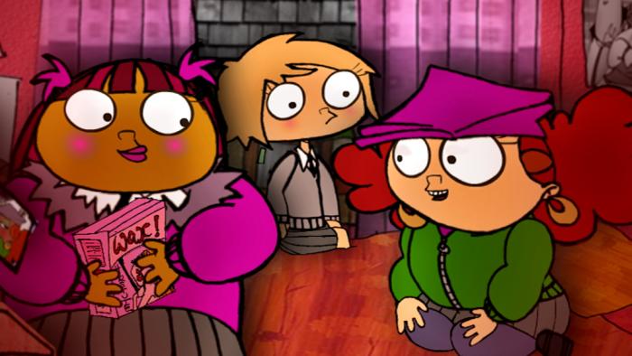 Desree and two girls sitting together in a pink salon.