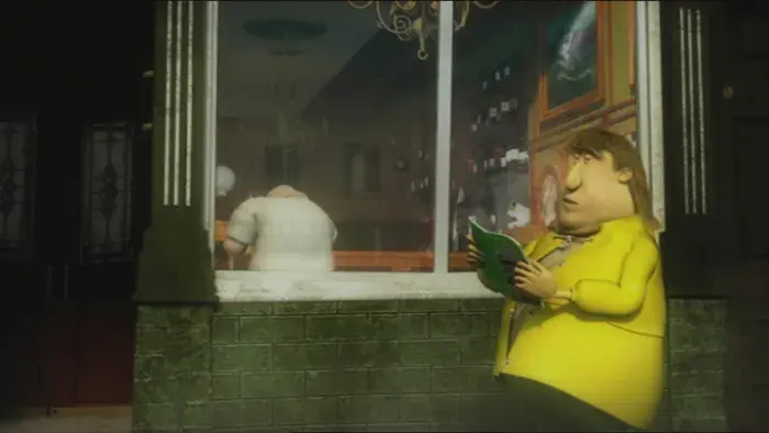 Tourist in a yellow raincoat sitting outside a window, reading a book.