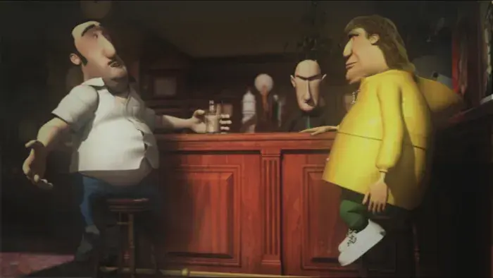 Bartender Denny talking to the tourist in the yellow raincoat at the bar.