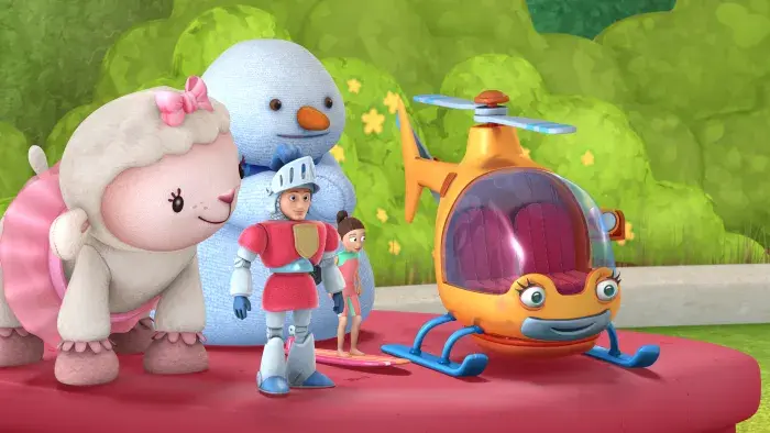 Lambie, Chilly, a knight toy and a helicopter toy