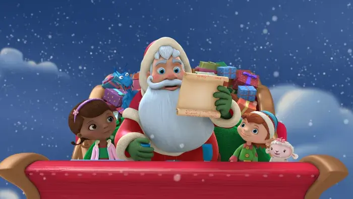 Doc McStuffins sitting next to Santa Claus in his sleigh as it flys through the night sky. Santa is holding an opened scroll in his hand.