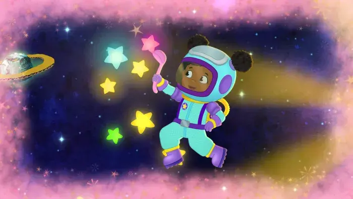 Daniel Tiger's Neighborhood: A character floats in space dressed as an astronaut.