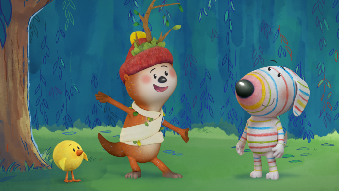 Dylan's Playtime Adventures: Two characters explore a forest wearing hats made from leaves.