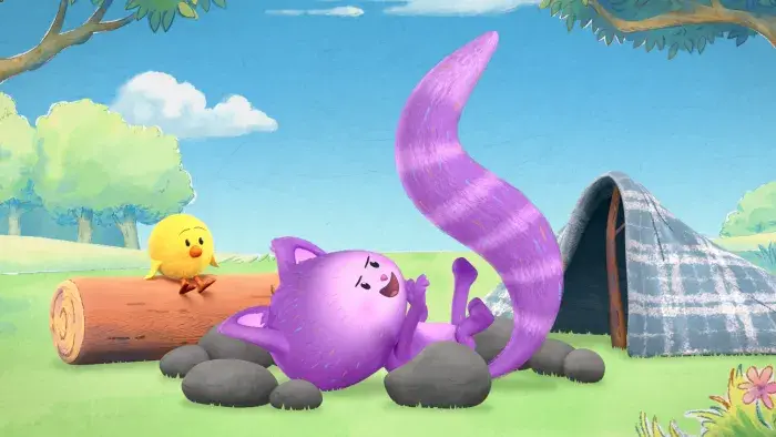 Dylan's Playtime Adventures: Two characters interact near rocks, one lying down while the other provides shade with a leaf.