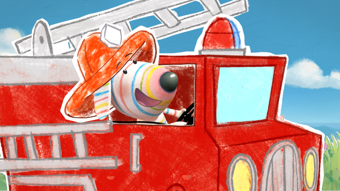 Dylan's Playtime Adventures: A character drives a red fire truck with a ladder, smiling joyfully.