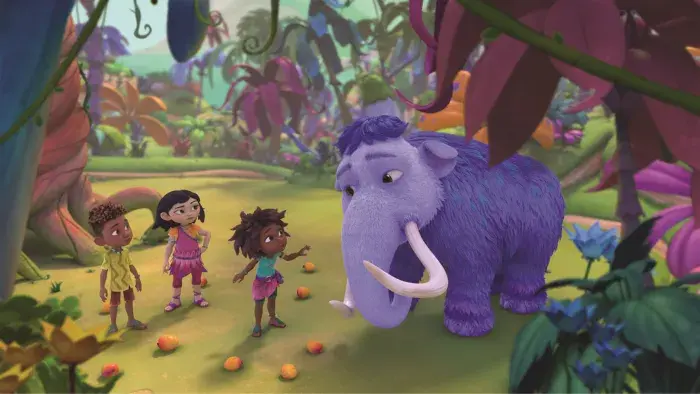 A still from the animated series Eureka! Showing three kids and a mammoth in the jungle