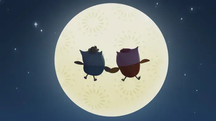 Two owls in front of a full moon