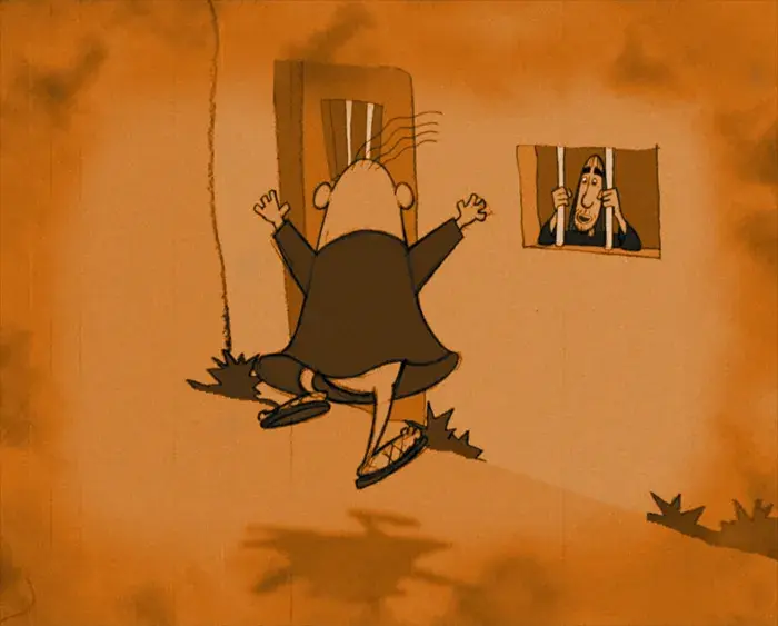 An animated character jumping towards an open window where another character is visible inside the building, which is a prison. The scene appears to be set outdoors at dusk.