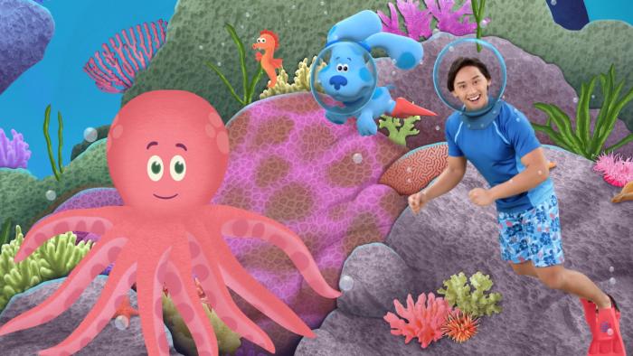 Blue's Clues & You: Josh and Blue explore an underwater scene with an octopus and coral.
