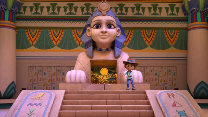 Ridley Jones pointing to a room full of treasure in the Egyptian exhibit