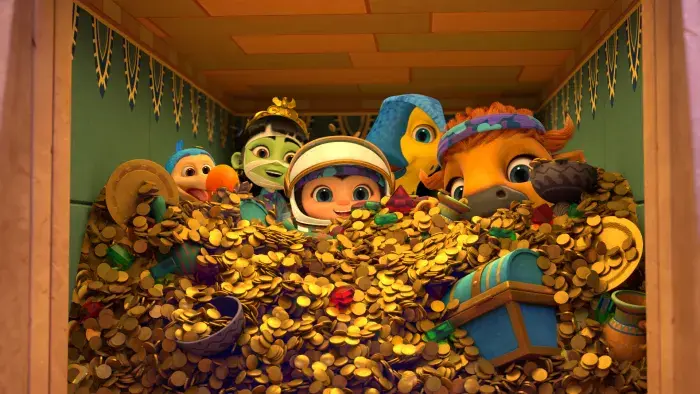 Ridley Jones' friends squeezed together in a room full of treasure