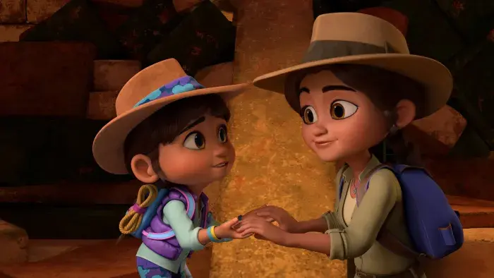 Ridley Jones and her mom looking at each other and holding hands