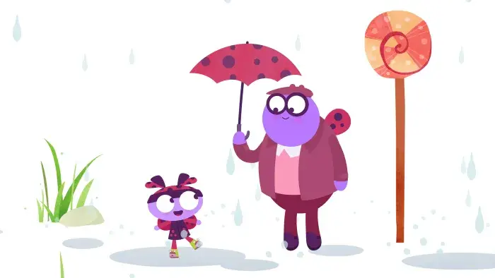 Lu & The Bally Bunch: Two characters stand in the rain, one holding an umbrella.