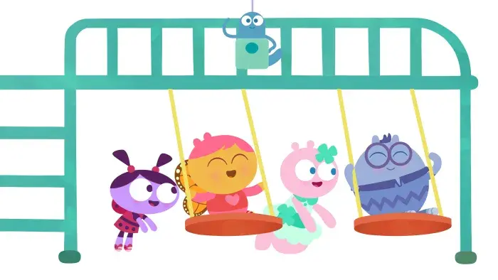 Lu & The Bally Bunch: Characters engage in outdoor activities near plants and grass.