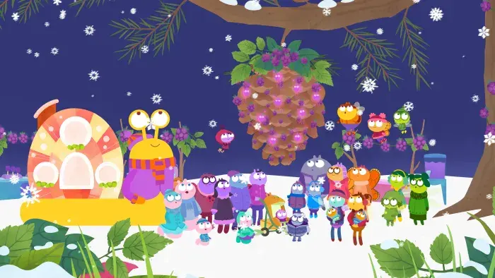 Lu & The Bally Bunch: Group of characters celebrate under a night sky.