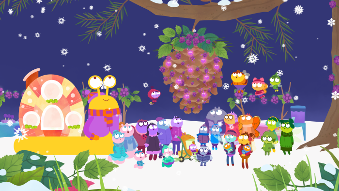 Lu & The Bally Bunch: Group of characters celebrate under a night sky.