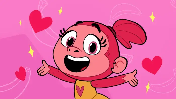 Let's Go, Bananas!: Apple Banana stands with arms outstretched in front of a pink background with hearts.