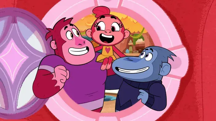 Let's Go, Bananas!: Apple Banana and her family hug another character inside a circular frame.