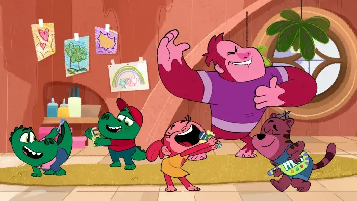 Let's Go, Bananas!: Characters dance and celebrate indoors with festive decorations.