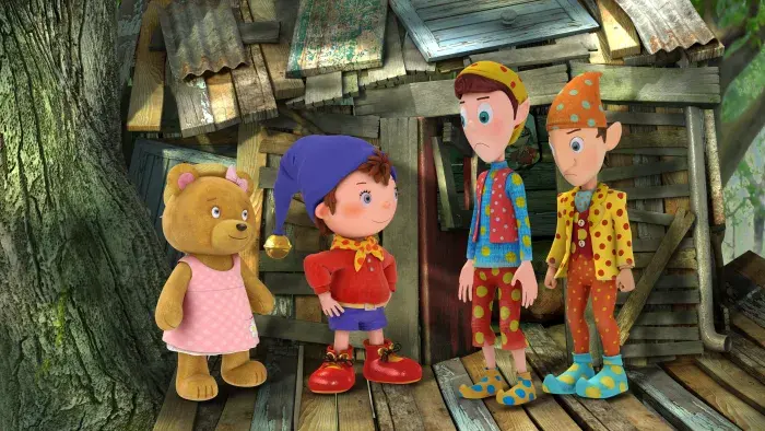 Noddy and friends in a ramshackle treehouse in the woods