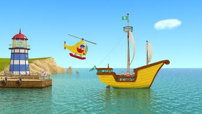 Noddy flying in his helicopter towards a large yellow ship, with a blue and white striped lighthouse in the background