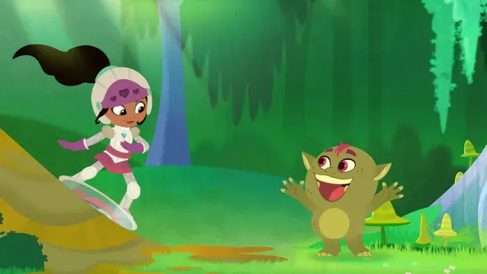 Nella the Princess Knight sliding down a mossy rock