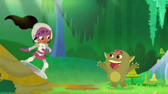 Nella the Princess Knight sliding down a mossy rock