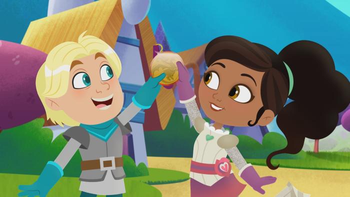 Nella the Princess Knight and her friend raising a medallion together