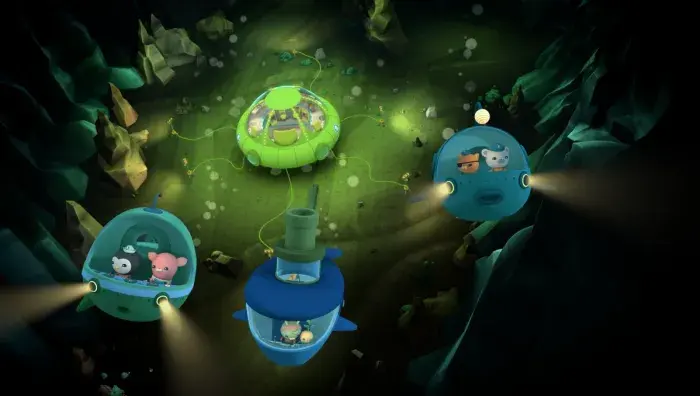 The Octonauts in their vehicles navigating through the Mariana Trench