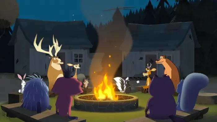 Open Season: Call of Nature: Bear, deer, and other animals sit around a campfire at night.