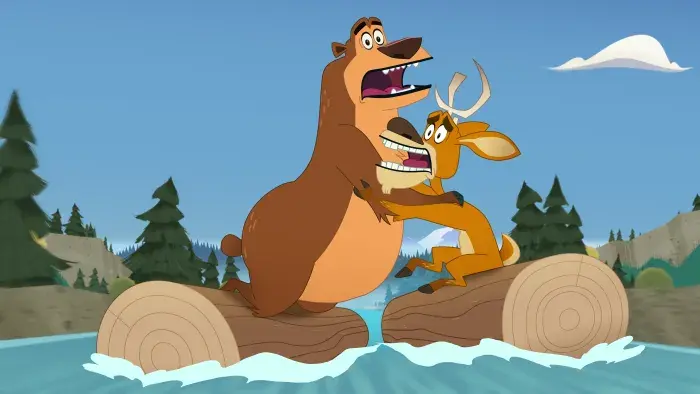 Open Season: Call of Nature: Bear and deer ride logs down a river.
