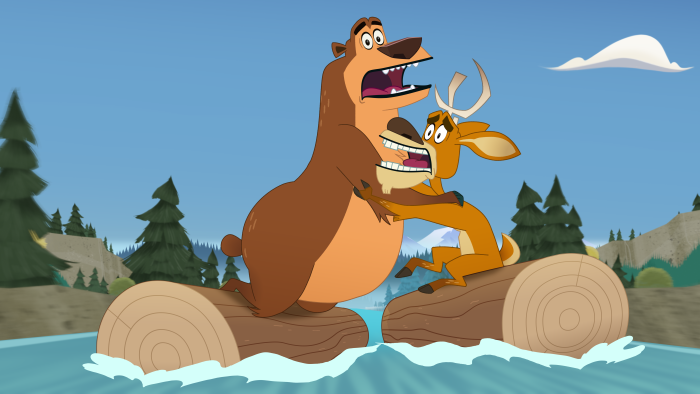 Open Season: Call of Nature: Bear and deer ride logs down a river.