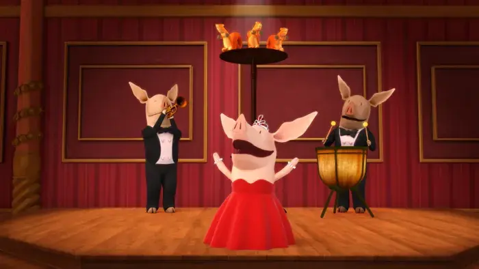 Stage performance scene with Olivia and two other characters dressed up and performing an opera or musical act.