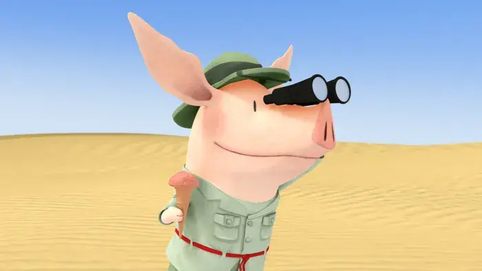 Desert scene with Olivia wearing sunglasses and looking through binoculars.