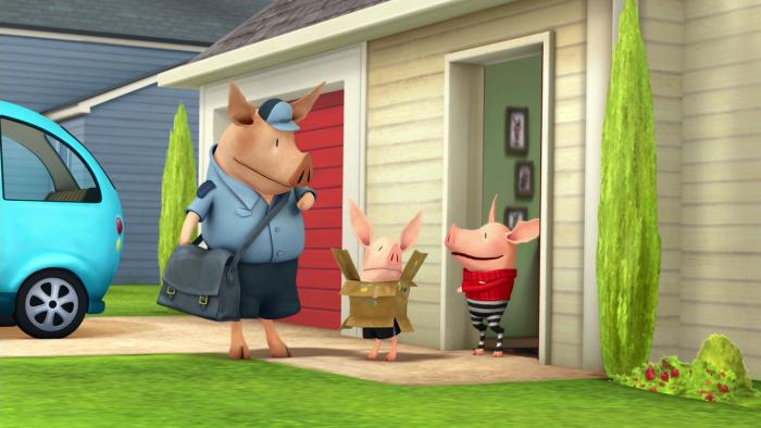 Scene outside a house where Olivia greets a mailman character.