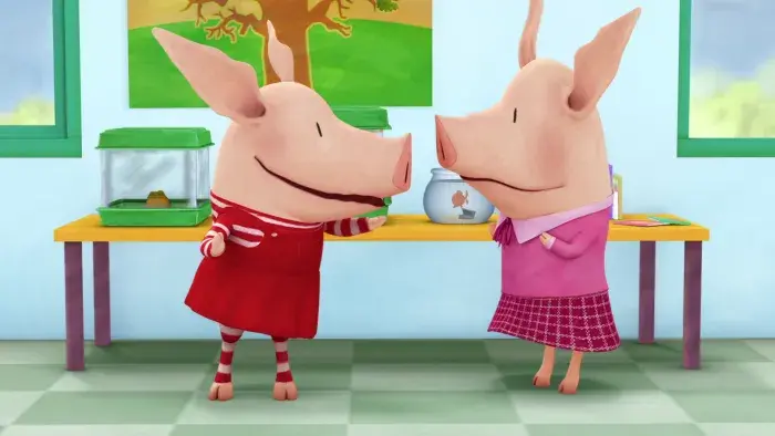 Olivia and another character standing side by side in similar outfits, engaged in conversation.