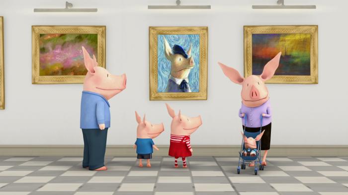 Olivia and other characters looking at paintings in an art gallery or museum.