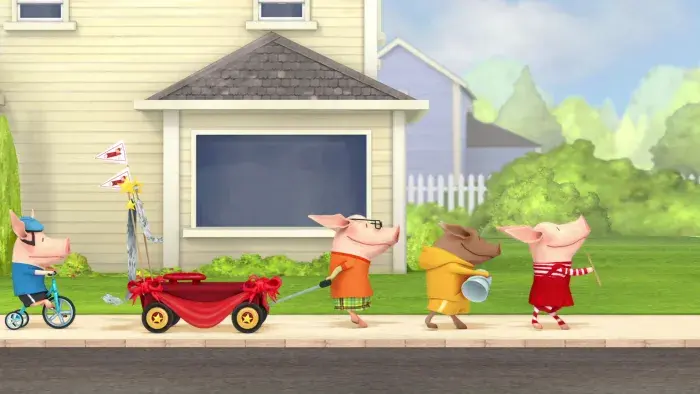 Scene outside a house with Olivia and another character; Olivia is pulling a red wagon.