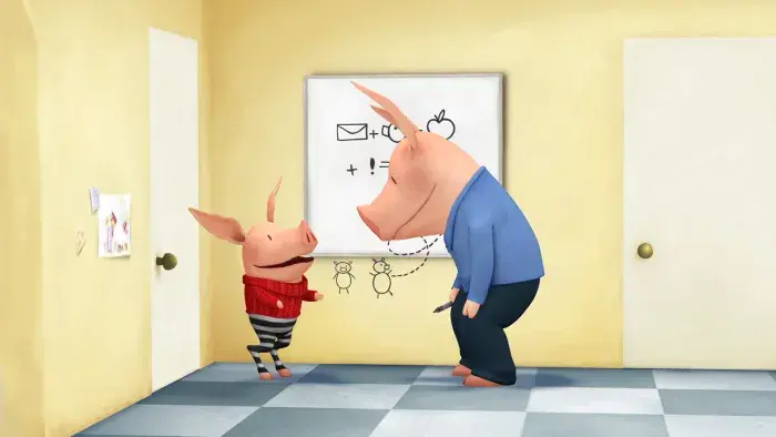 Olivia and another character standing in a hallway; Olivia is pointing at something on the wall.