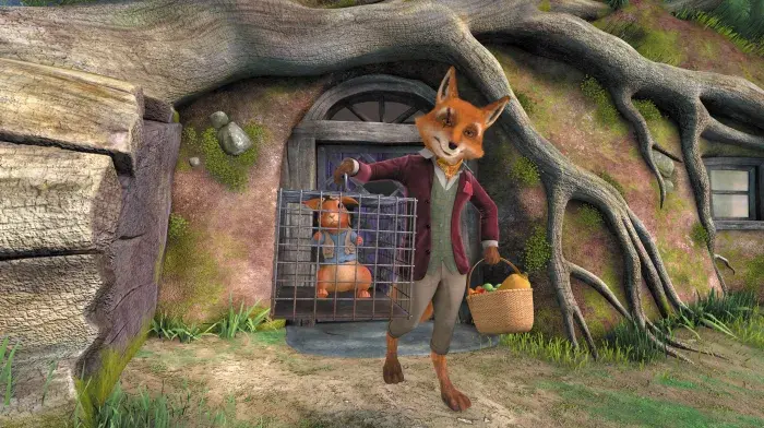 Mr. Tod holding Peter Rabbit in a cage