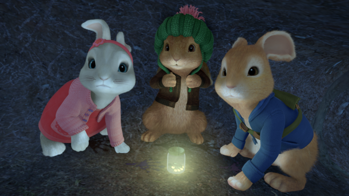 Lily, Benjamin and Peter Rabbit huddled together
