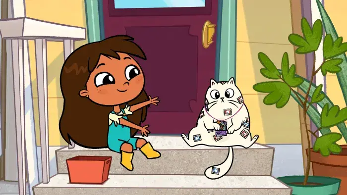 Rosie's Rules: Rosie sits on a doorstep with Gatita, a white cat.
